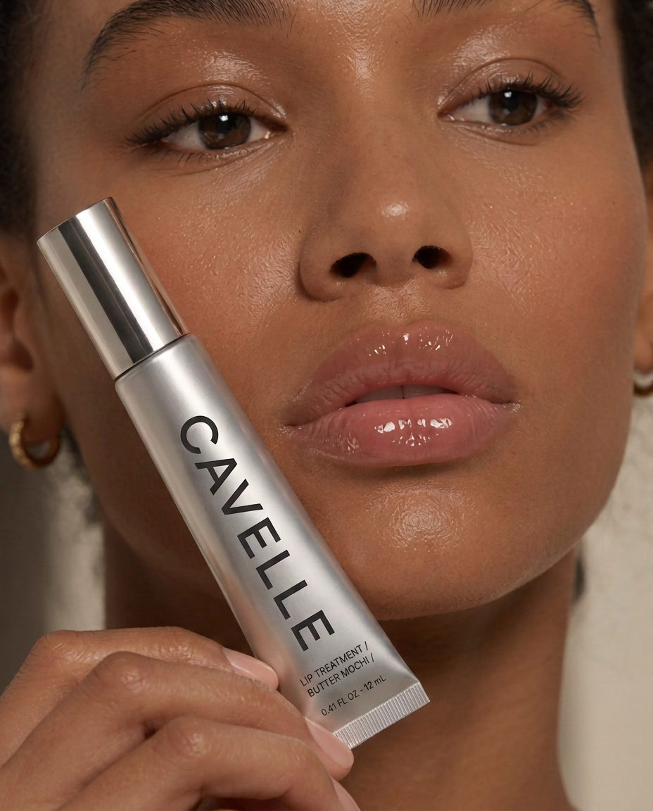 Editorial portrait of a model wearing Cavelle Lip Treatment with a glass-like finish